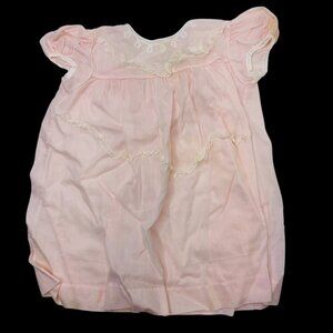 Vtg 60s New Born Baby Dress Infant Pink Sheer Sz 0 Month Raffle Lace Embroidered